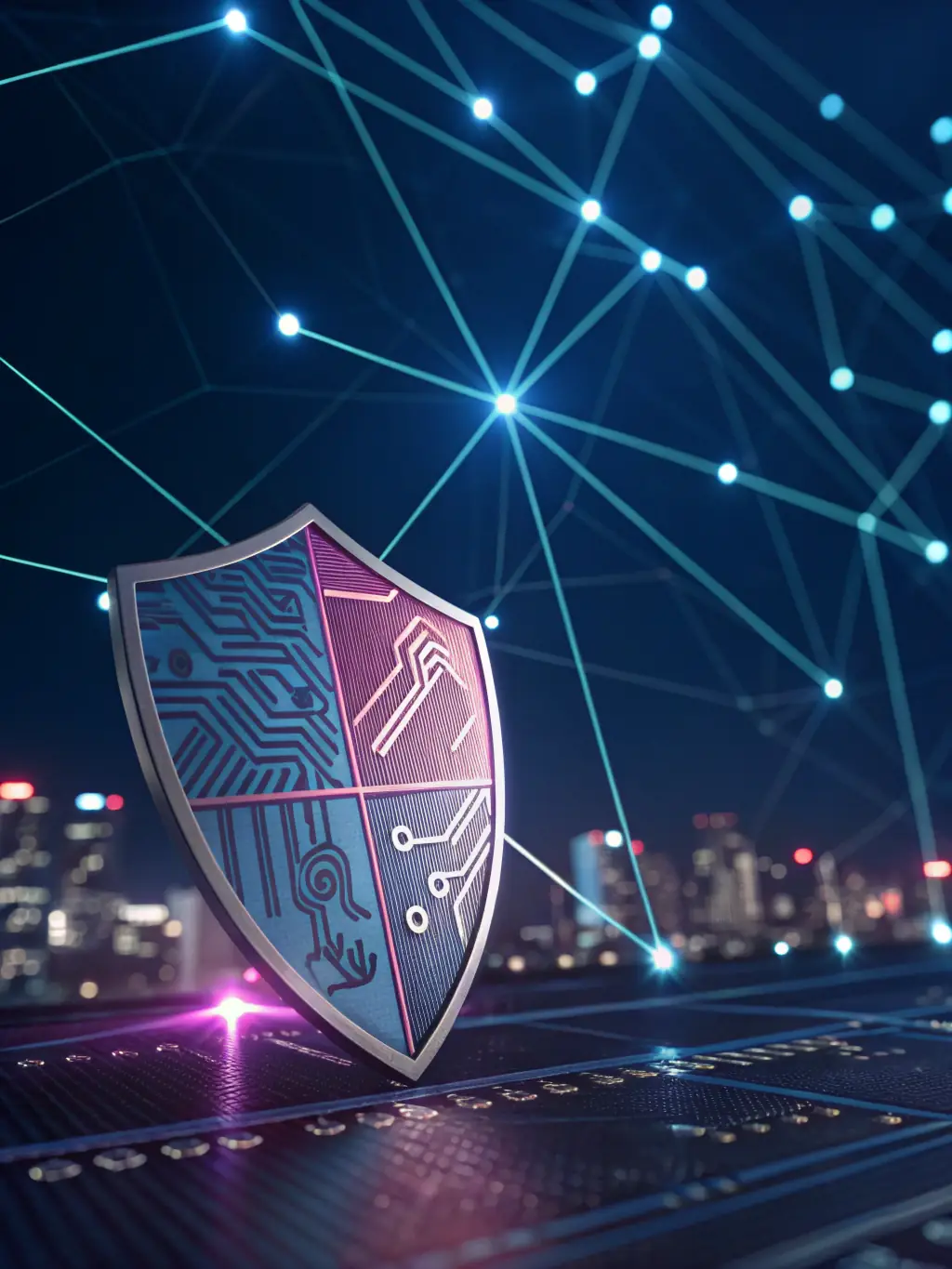 An image representing robust security measures, such as a shield icon combined with a network diagram, symbolizing data protection and secure access.