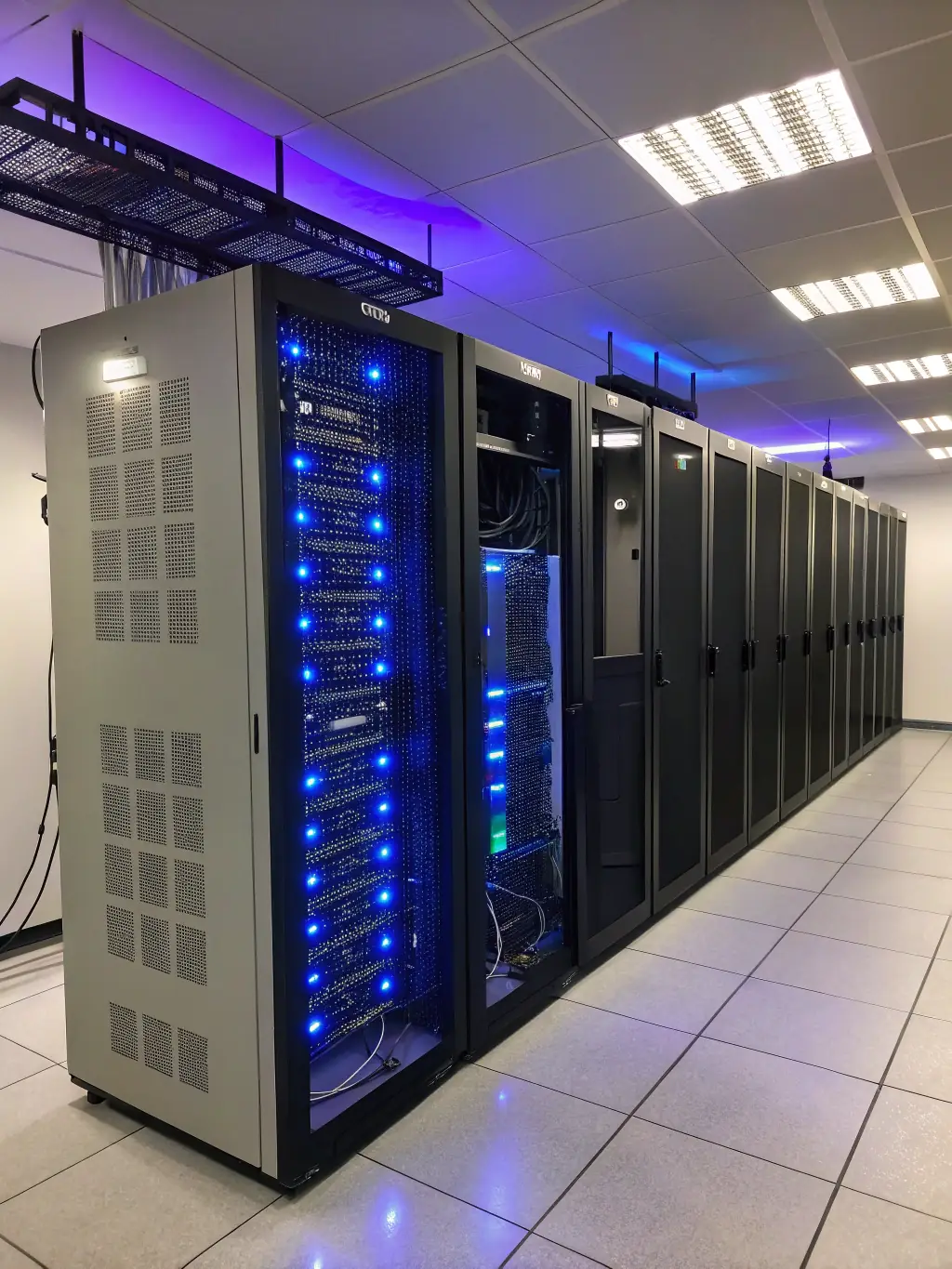 An image of a server room with blinking lights, representing the secure infrastructure of edoove's hosting.