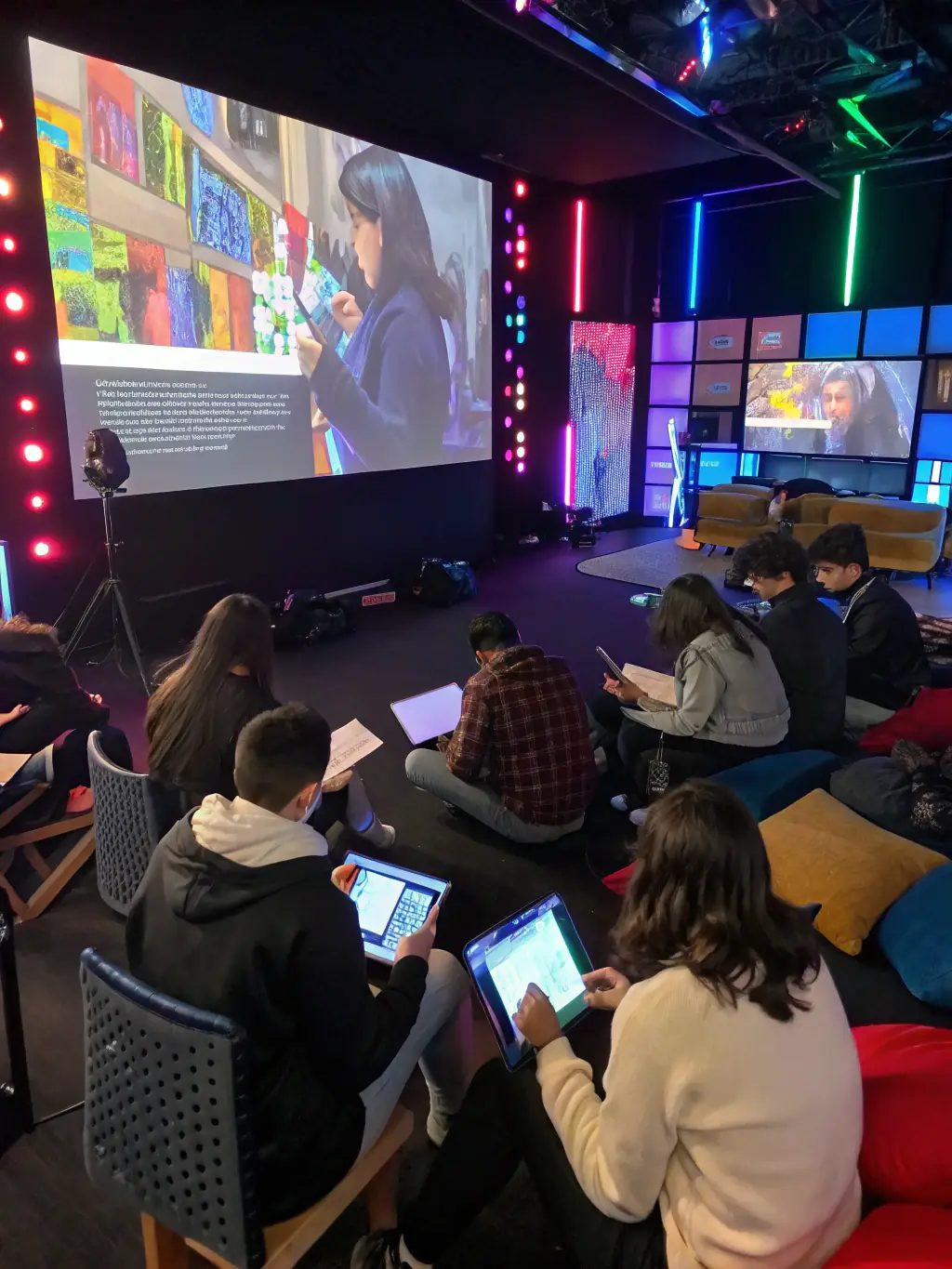 A vibrant image depicting a diverse group of students actively participating in an online Moodle course, showcasing the platform's interactive learning environment.