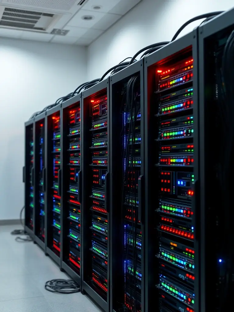 A server rack with glowing lights and network cables, symbolizing a reliable and scalable hosting infrastructure for Moodle, powered by edoove.